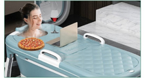 I dont know who creates these product images but yes lets use a laptop eat a whole pizza and have a glass of wine all while being confined to a bath