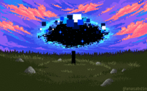 I drew and animated this pixel art scene by hand and called it Monolith 