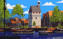 I drew this pixel art scene and called it Old Harbor 