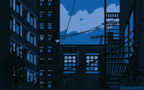 I drew this pixel art scene using  colors and called it Alley Cat 