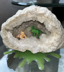 I enjoy putting small toys in geodes This is a totally legit recreation from the Cretaceous period