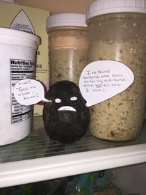 I give my room mate my over ripe avocados because he has no problem eating them Last night I left one out for him with a note This morning I open my fridge to this