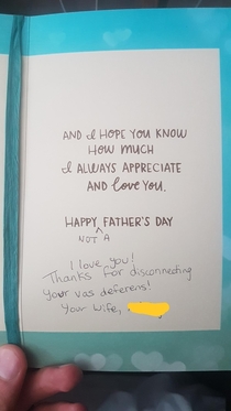 I got a vasectomy recently My wife got me card on Sunday