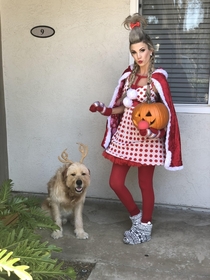 I have to work tonight so my wife and our dog went as Cindy Lou Who and Max