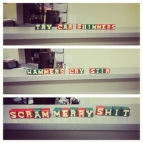 I kept rearranging our office assistants MERRY CHRISTMAS blocks today She eventually gave up putting them back to normal