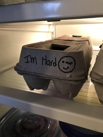 I knew my wife made some hard boiled eggs yesterday opened the fridge this morning to this