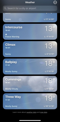 I like to keep track of the weather in various towns