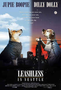 I like to photoshop my girlfriends dog into famous movie posters on my free time Say hi to Jupiter and his girlfriend Dolly