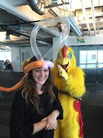 I may or may not have hired a giant chicken to deliver a singing telegram to my girlfriends office this morning Happy birthday babe