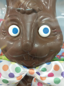 I passed the giant chocolate Easter Bunny today at work I swear his eyes were following me He will haunt my dreams now