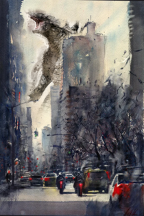 I photoshopped Godzilla into that guys watercolor of the street outside his apartment