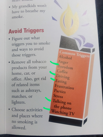 I picked up a quit smoking pamphlet At the end it tells you to avoid triggers heres their list of triggers Please avoid eating
