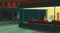 I recreated Edward Hoppers Nighthawks as pixel art with regular people and called it NightRegulars 