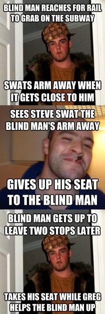 I saw Scumbag Steve and Good Guy Greg meet on the subway this evening
