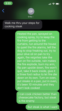 I text my sister the steps on how I cook steak