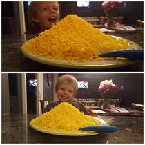 I told my son he could put some cheese on his noodles and he poured the entire  lb bag on 