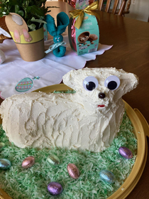 I usually decorate the lamb cake for Easter but my mother in law had to do it herself this year This is the result