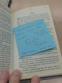 I was reading a book for English and somebody left this nice note