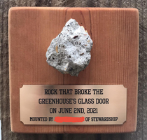 I work at a nature preserve A lawnmower launched a rock that shattered the greenhouses glass door So I mounted it on a plaque in the greenhouse