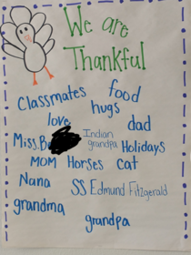 I work at a public school Our first graders are thankful for a couple pretty unique things this year
