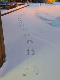 If theres a single line of footprints in the snow I like to walk on the opposite step to make it look like one person was hopping