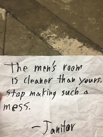 Im a general manager at a grocery store and one of my employees found this taped to the back of the womens restroom door A high school age kid with autism did it after cleaning the restrooms Pretty funny but now I have to explain to him why this isnt acce