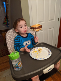 Im glad hes learning how to use a fork He may be being a bit aggressive though lol