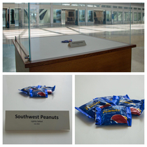 In honor of the anniversary of the last bag of peanuts offered on a Southwest flight Orlando International Airport MCO set up this exhibit to honor a relic of airplane food history