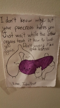 in the hospital with pancreatitis this is the get well soon card and my daughter drew for me