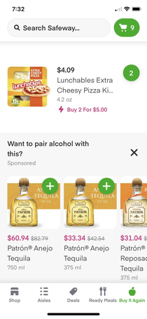 Instacarts algorithm thinks I want tequila with my kids pizza lunchables