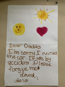Interior of an apology card I made for my dad when at seven years old