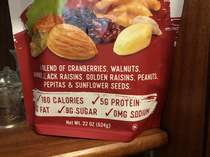 It took me far too long to realize this trail mix said  milligrams sodium and not O M G Sodium