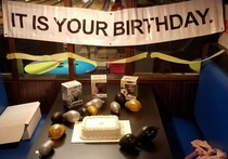 It was a bowling alley instead of an office but it was my husbands birthday yesterday Its a statement of fact