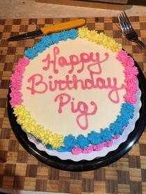 It was my Moms birthday today and my dad didnt check the cake before showing it to her Her name is Peg