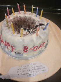 Its my birthday today and my little sister surprised me with a cake Warmed my heart and also made me laugh  could also be a threat 