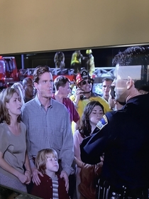 Jim Carrey playing Fire Marshall Bill in background of Liar Liar All the extras start laughing in background