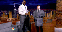 Jimmy Fallon tried Shaqs jacket on whilst interviewing him