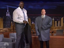 Jimmy Fallon wearing Shaqs jacket