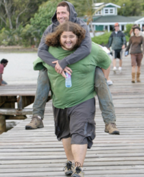 Jorge Garcia giving Matthew Fox a piggy back ride behind the scenes of Lost