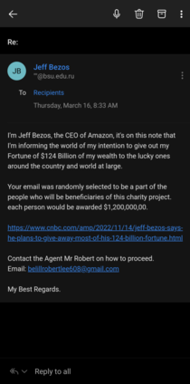 Just got an email from MrBezos himself Later losers Im rich now