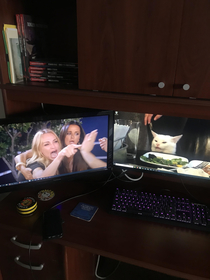 Just moved into a new apartment and this is how my bf set up his computer
