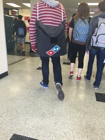 Kid at my schools backpack is a used dominos pizza delivery case