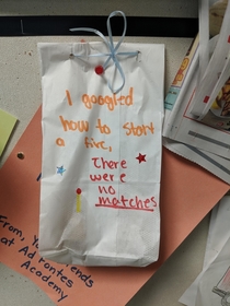 Kid from a local elementary school were asked to bake assorted cookies put them in a bag and write something to the firefighters at the nearby firehouse on the bag