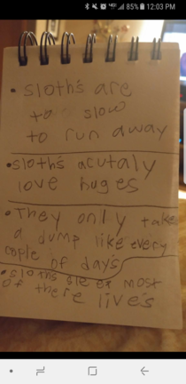 Kid gives her parents a list of reasons to get a pet sloth