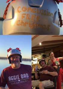 Last time we got together my dad had one too many Natty Lights took a stumble and cut his head a bit So I made him a holiday helmet to prevent any further injuries