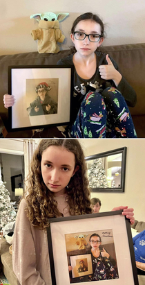 Last year for Christmas my daughter got my son a picture of herself This year she got him a picture of herself holding the picture she got him last year