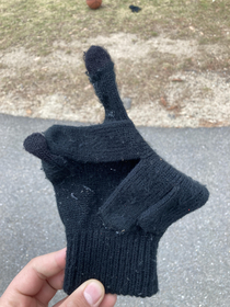 Left my gloves outside while it snowed and rained now its frozen solid in a form where it looks like its snapping