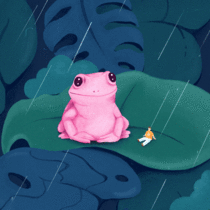 Lil dude and is frog on a rainy day