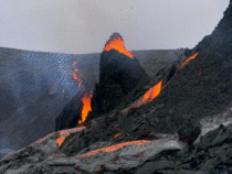 Liquid hot magma flowing from a volcano in Iceland