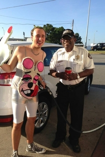 Local radio DJ lost a bet and has to pump gas dressed like this today On a side note they are donating all tips to St Judes